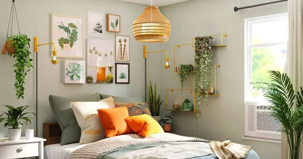 Szara sypialnia z obrazkami i roślinami na ścianie nad łóżkiem z pomarańczowymi poduszkami