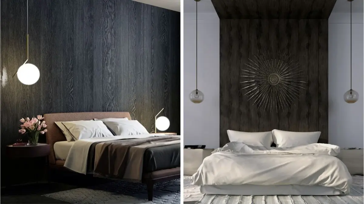 Kolaż: lampa wisząca i kinkiet w szaro-beżowej sypialni; lampy wiszące w szarej sypialni