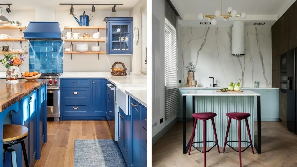 Kolaż: kuchnia klasyczna z niebieskimi szafkami, kuchnia nowoczesna z błękitną wyspą kuchenną