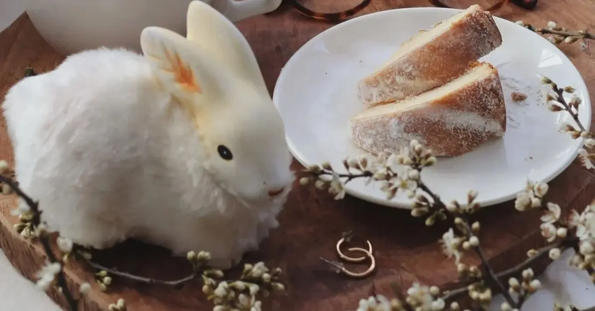 Babka puchowa - kawałki babki ułożone na białym talerzyku obop puchatego króliczka