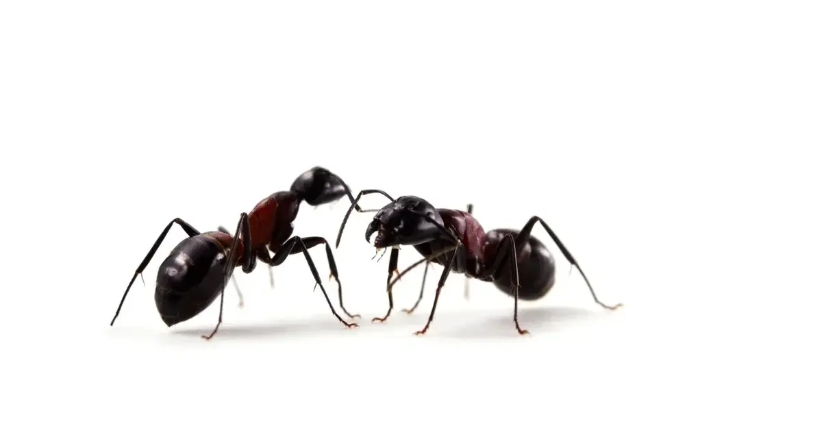 Dwie mrówki w przybliżeniu na białym tle.