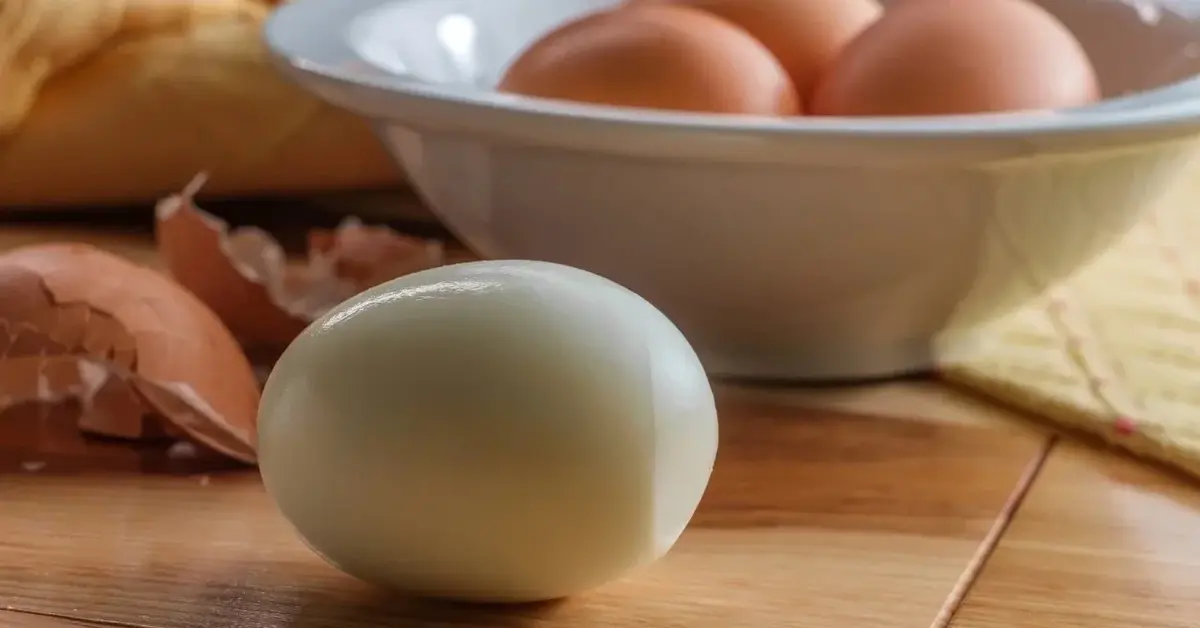 Jajko na twardo, w tle miseczka z jajkami w skorupkach