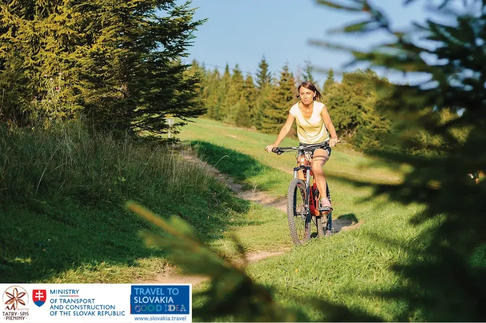 Kobieta na rowerze jedzie ścieżką rowerową wśród lasów w region Tatry - Spisz - Pieniny