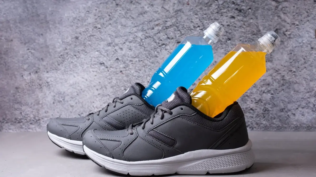 Izotoniki w butelkach wsadzone w buty sportowe