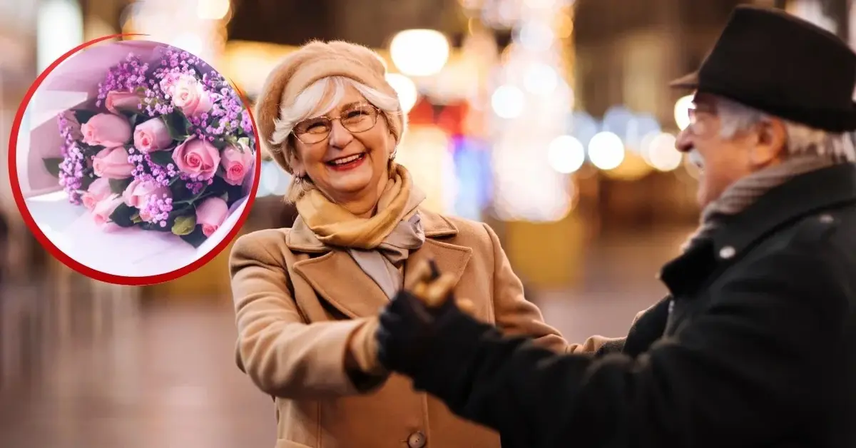 Babcia, dziadek i kwiaty na Dzień Babci i Dziadka.