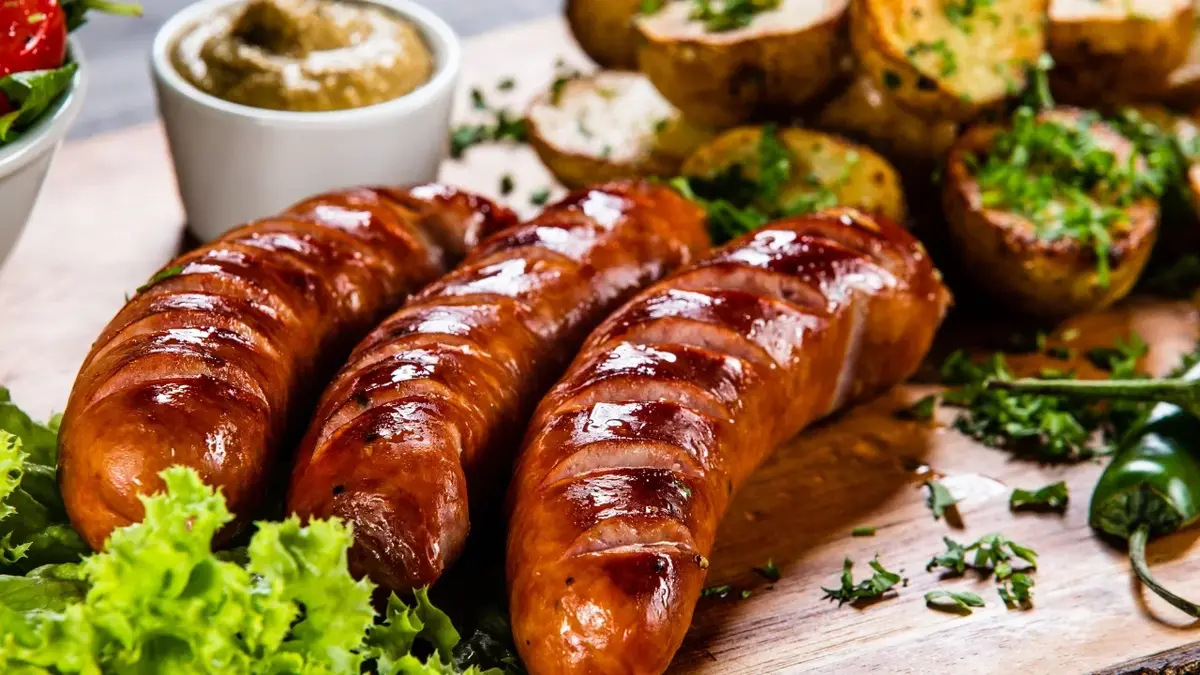 Grillowana kiełbasa na stole, obok sałaty, sosów i pieczonych ziemniaków.