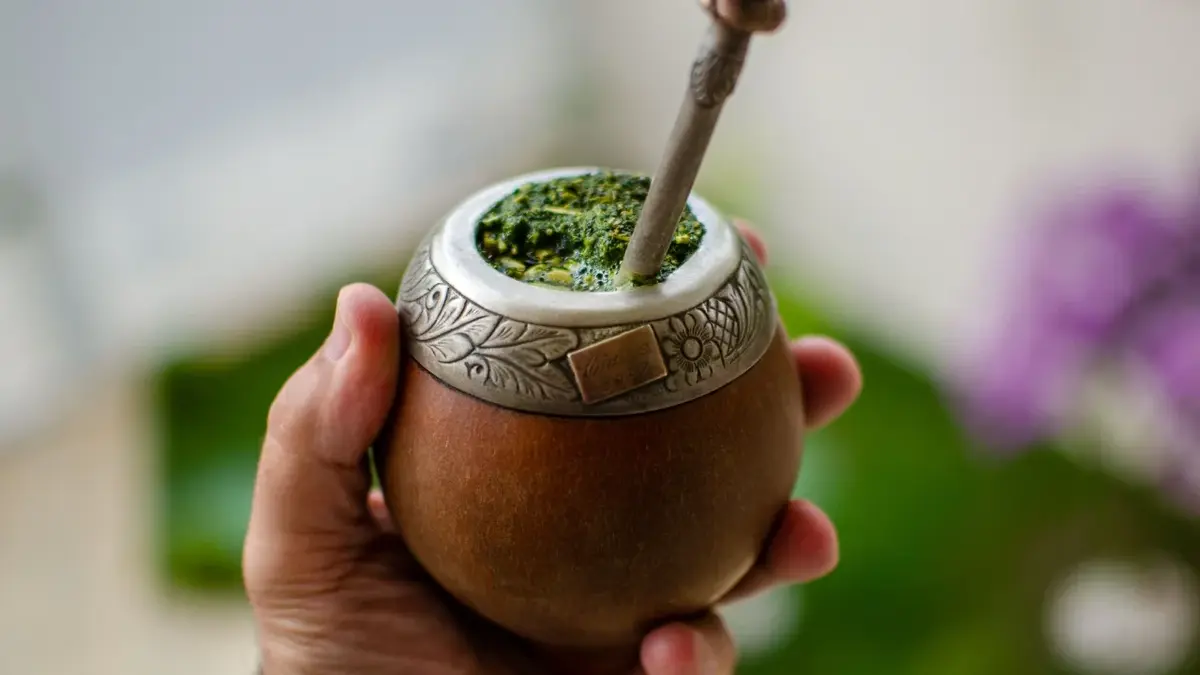 Yerba mate W naczyniu z metalową Rurka trzymanym w dloni