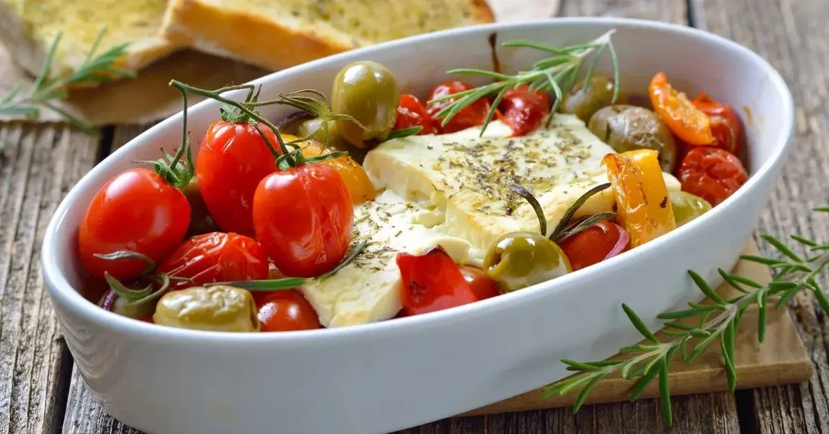 Pieczona feta Z pomidorkami w naczyniu do zapiekania 