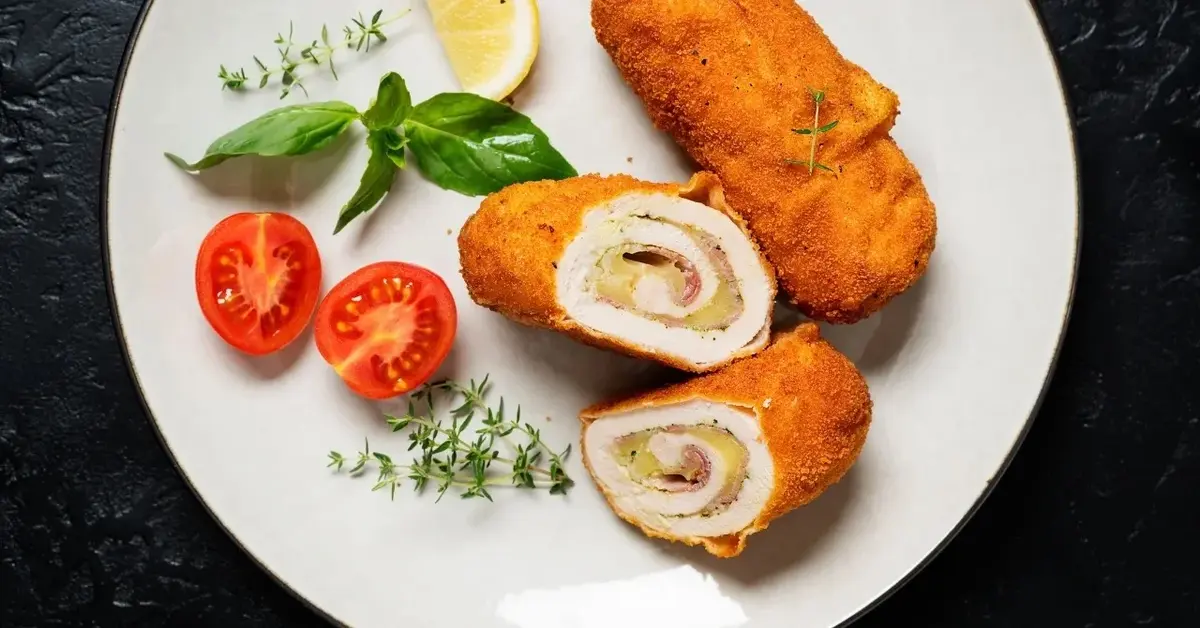 Kurczak Cordon Bleu z pomidorkami na talerzu 