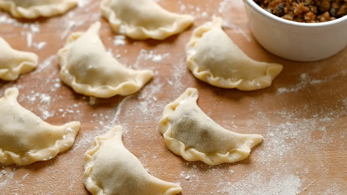 pierogi z kaszą na stolnicy obok kasza w misce z łyżką