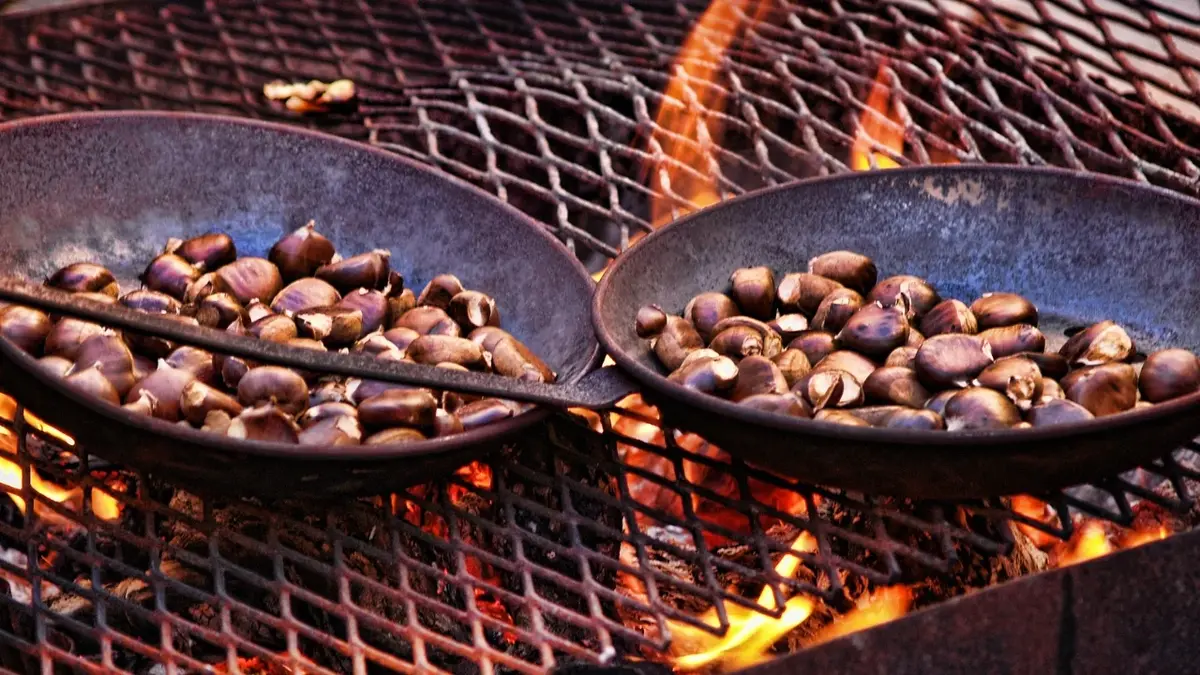 Kasztany jadalne na dwóch dużych patelnia na grillu