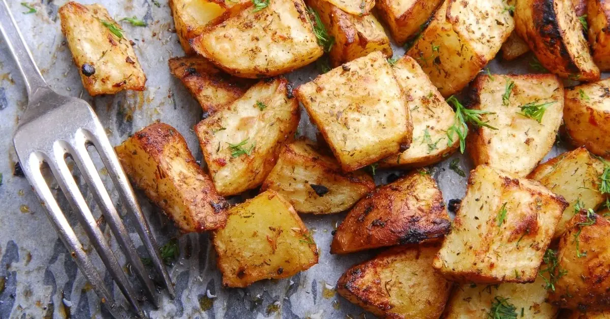 Ziemniaki pieczone pokrojone w kostkę. Obok widelec