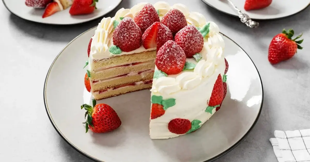 Tort truskawkowy z mascarpone udekorowany świeżymi truskawkami 
