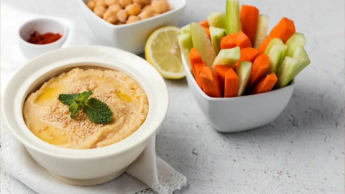 Humus w miseczce z dodatkami 
