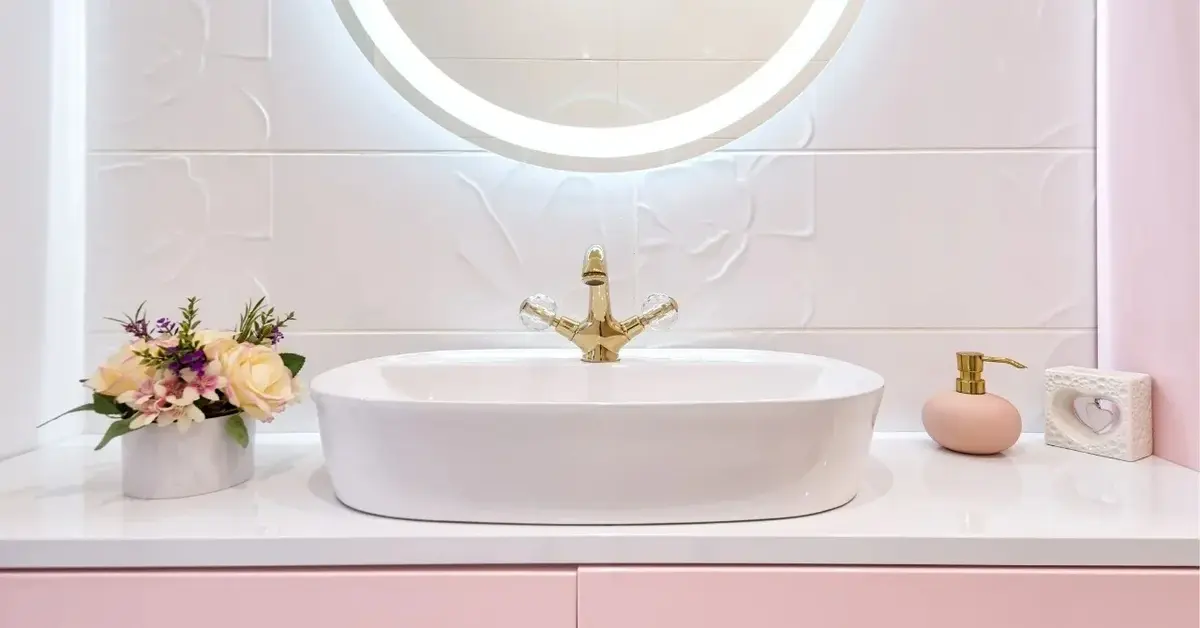 pastelowo różowa szafka umywalkowa biały blat umywalka sciana i lustro