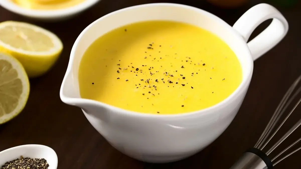 zbliżenie na żółty sos w białym naczyniu