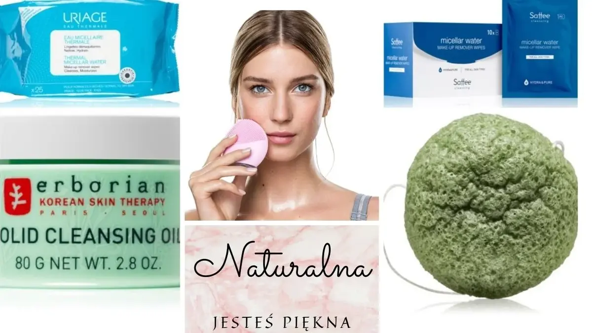 Kolaż zdjęć przedstawiających produkty z pielęgnacji twarzy z centralnie zlokalizowanym portretem en face kobiety używającej szczoteczki sonicznej do oczyszczania twarzy