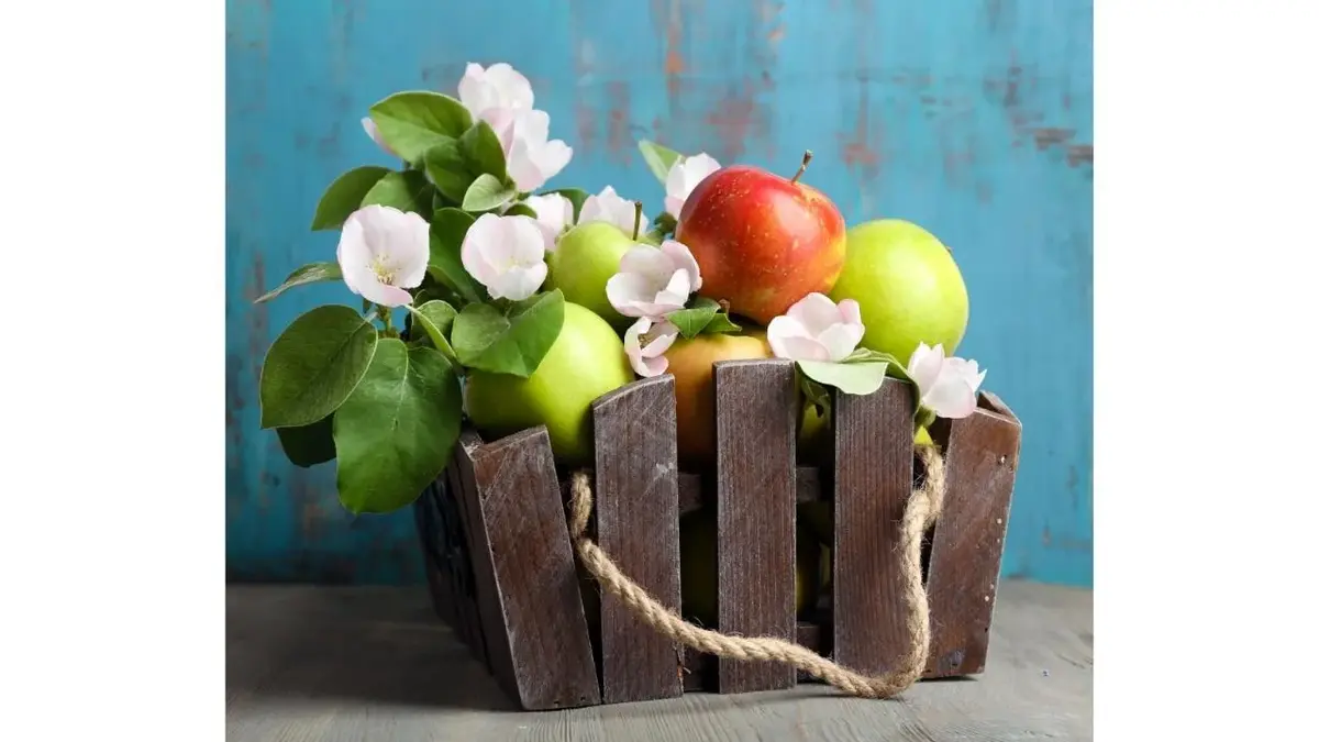 Jabłka i gałęzie kwiatów jabłoni w drewnianej skrzyni.
