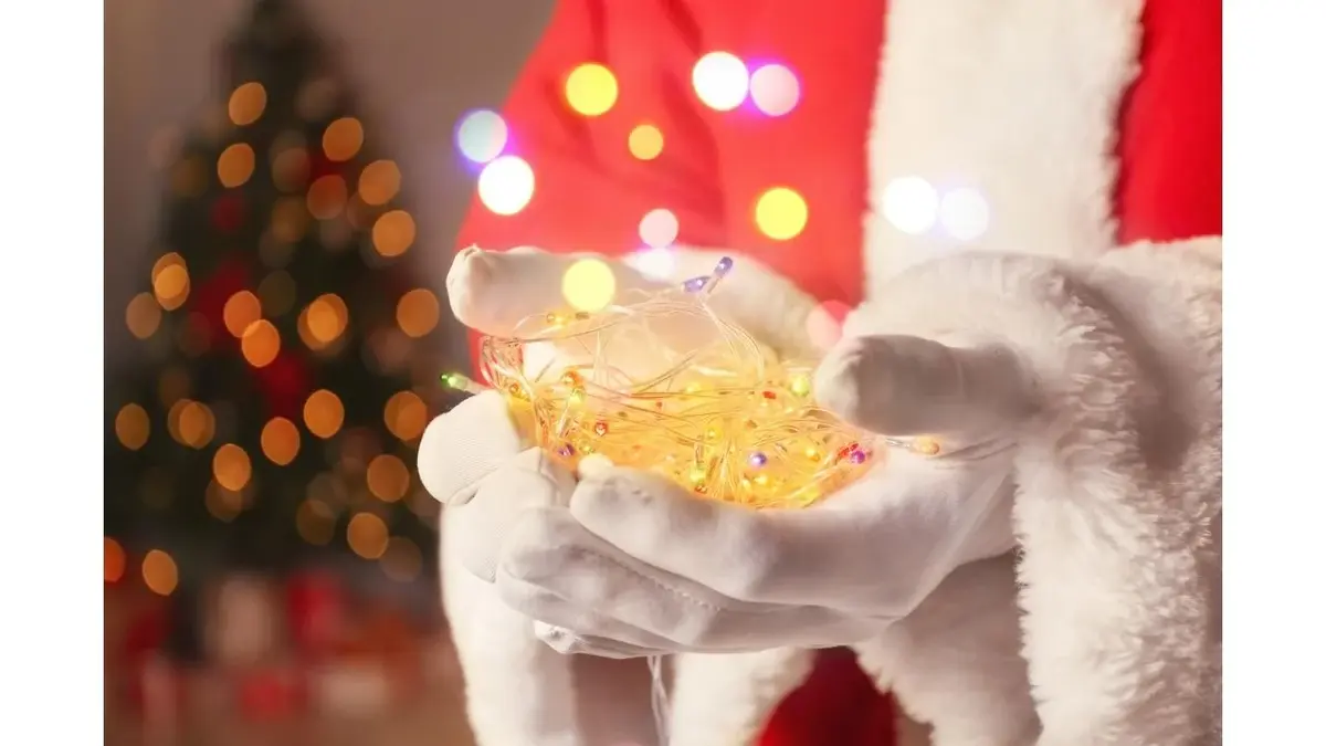 Mikołaj trzyma świecące lampki choinkowe. W tle jest choinka.