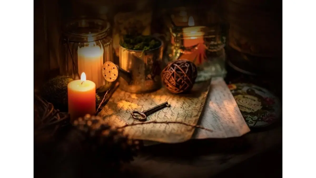 Świece, klucz, stare litery, konewka.