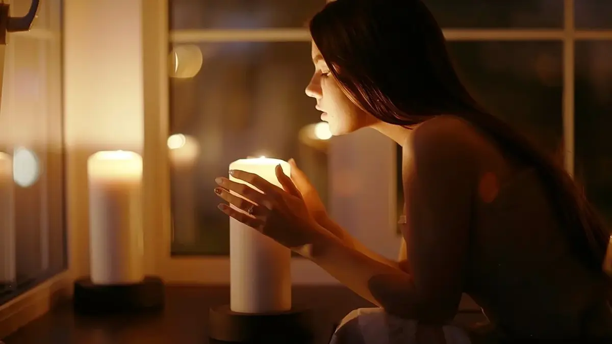 Dziewczyna trzymająca białą zapaloną świecę