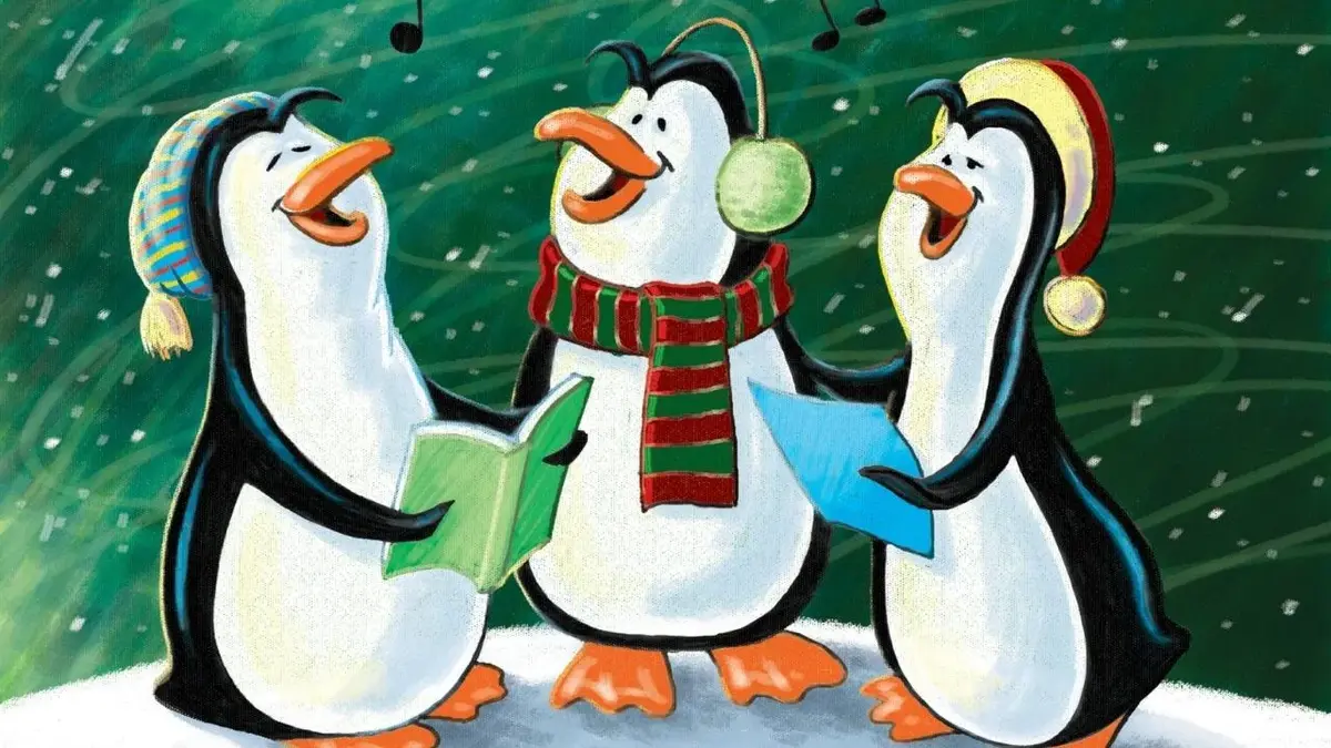 Rysunkowe pingwiny w czapkach mikołaja śpiewają kolędy.