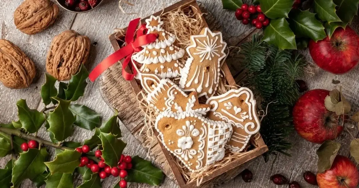 Ozdobione lukrem pierniczki na drewnianej desce otoczonej ostrokrzewem