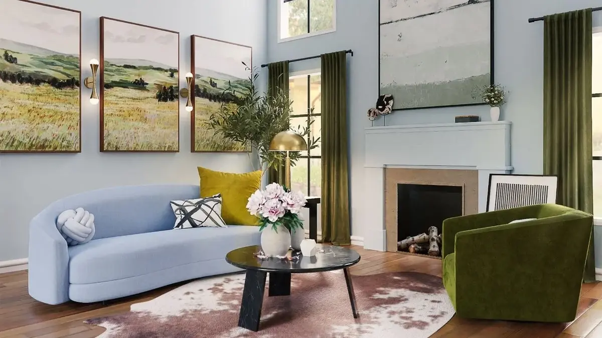 Pokój dzienny z jasnoniebieską sofą i ciemnozielonym fotelem