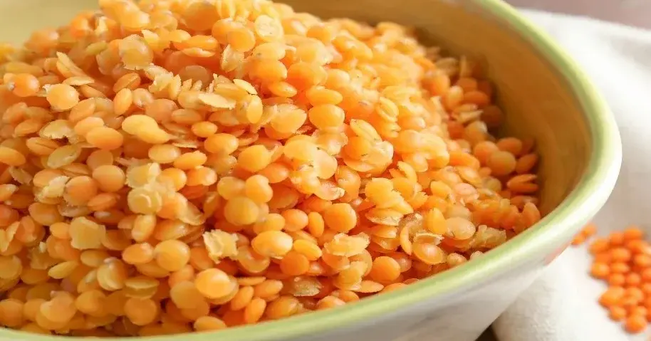 Gotowana czerwona soczewica w białej misce