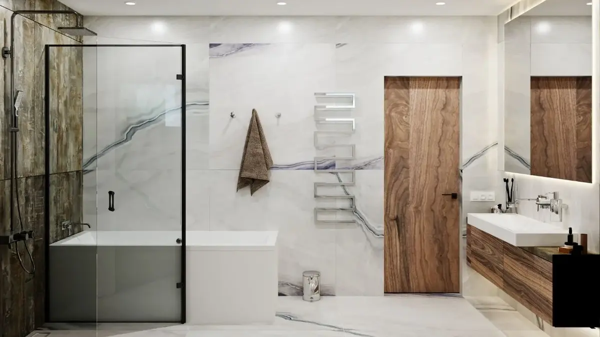 Biała marmurowa łazienka z drzwiami z drewna i czarną kabiną prysznicową