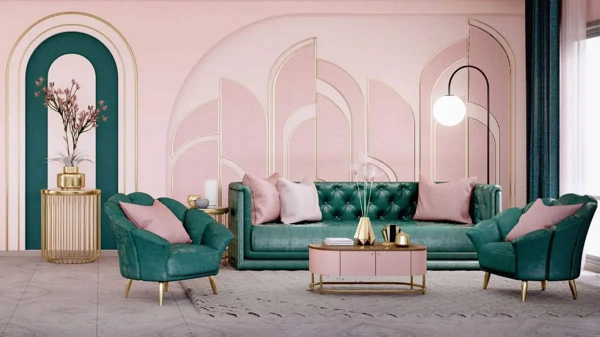 Salon w stylu art deco z różową tapetą i stolikiem oraz zielonymi fotelami i kanapą