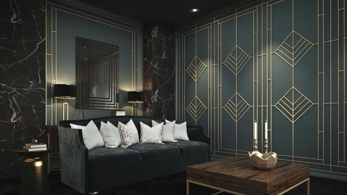 Salon w stylu art deco z geometryczną tapetą, zieloną kanapą i lustrem