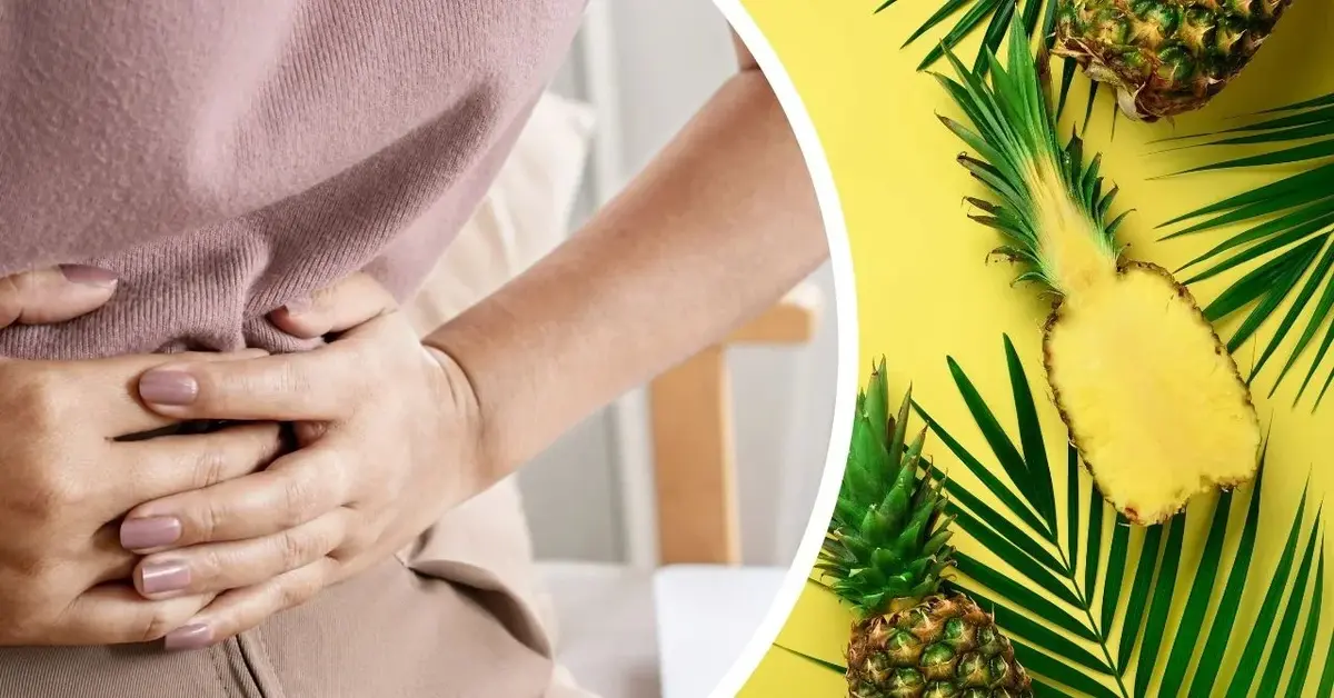 Kobietę boli brzuch i ananas na żółtym tle