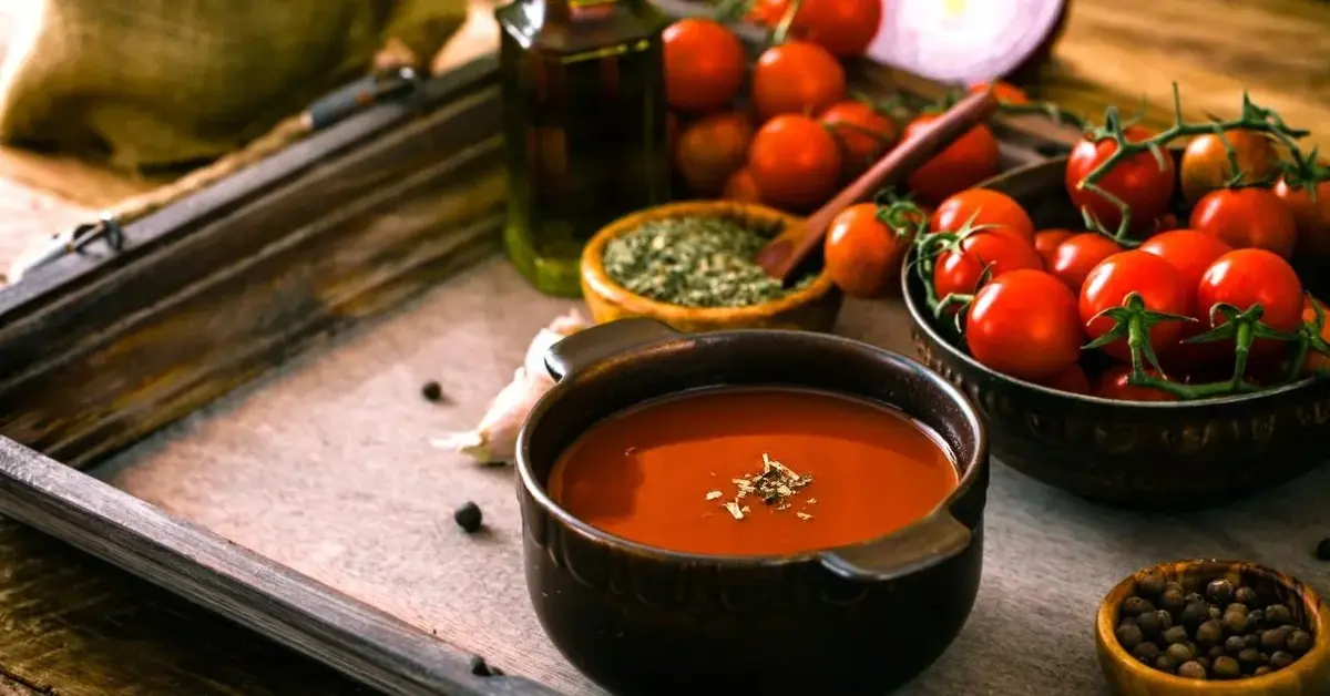 zupa krem z pomidorów w glinianej misce i pomidory koktajlowe