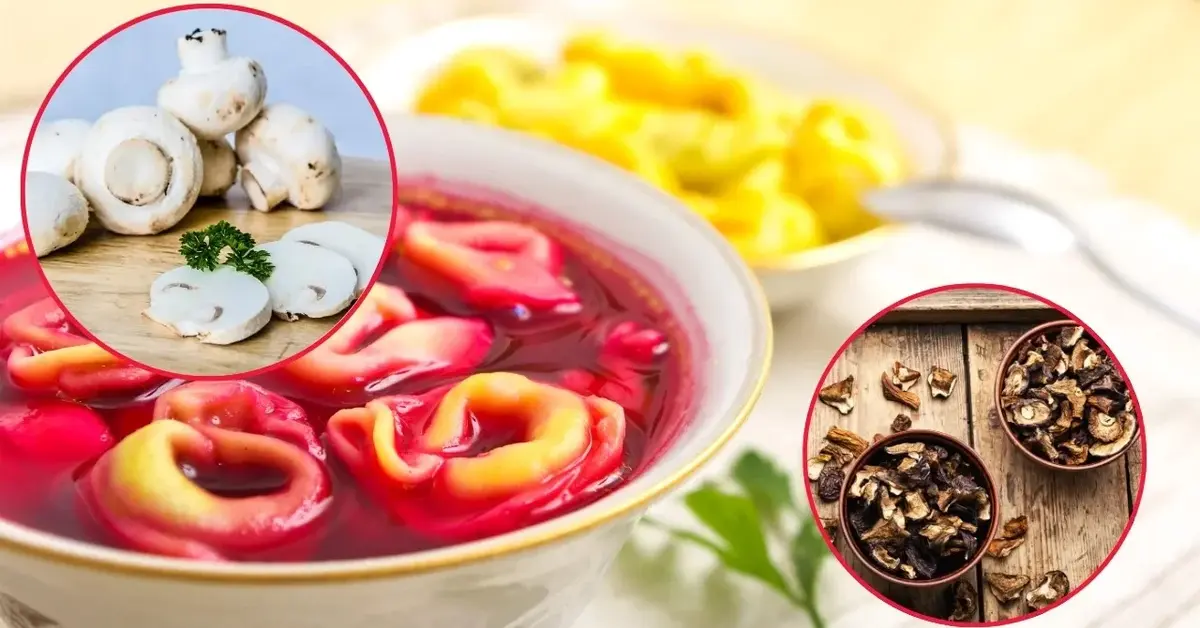 Wigilijny barszcz z uszkami z grzybami i pieczarkami.