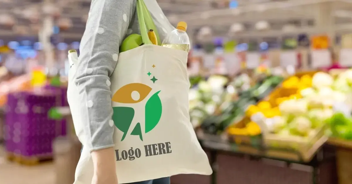 Osoba z bawełnianą torbą zakupową z nadrukowanym logo na ramieniu w sklepie