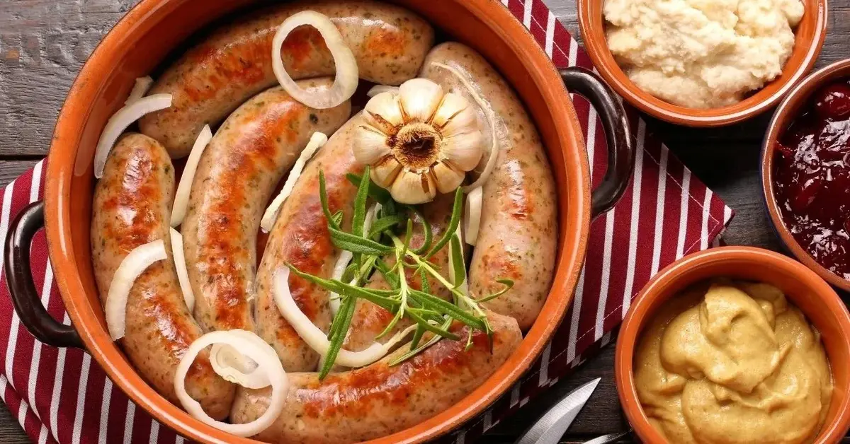 Biała kiełbasa pieczona z cebulą i czosnkiem w naczyniu do zapiekania