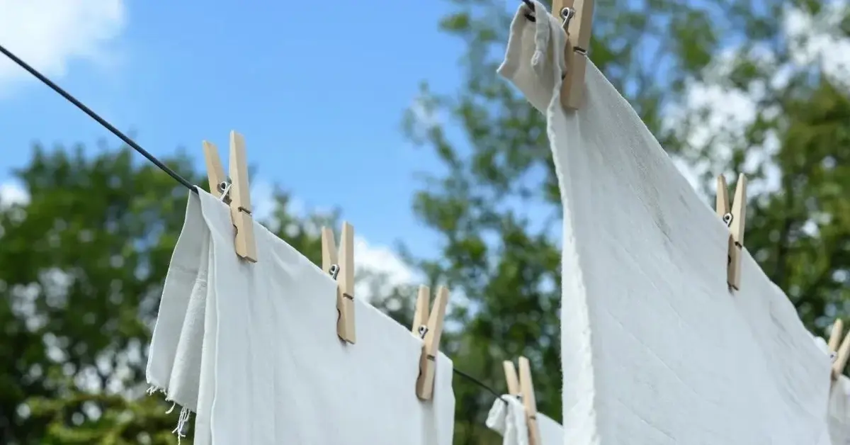 Białe pranie suszy się na sznurku na świeżym powietrzu.