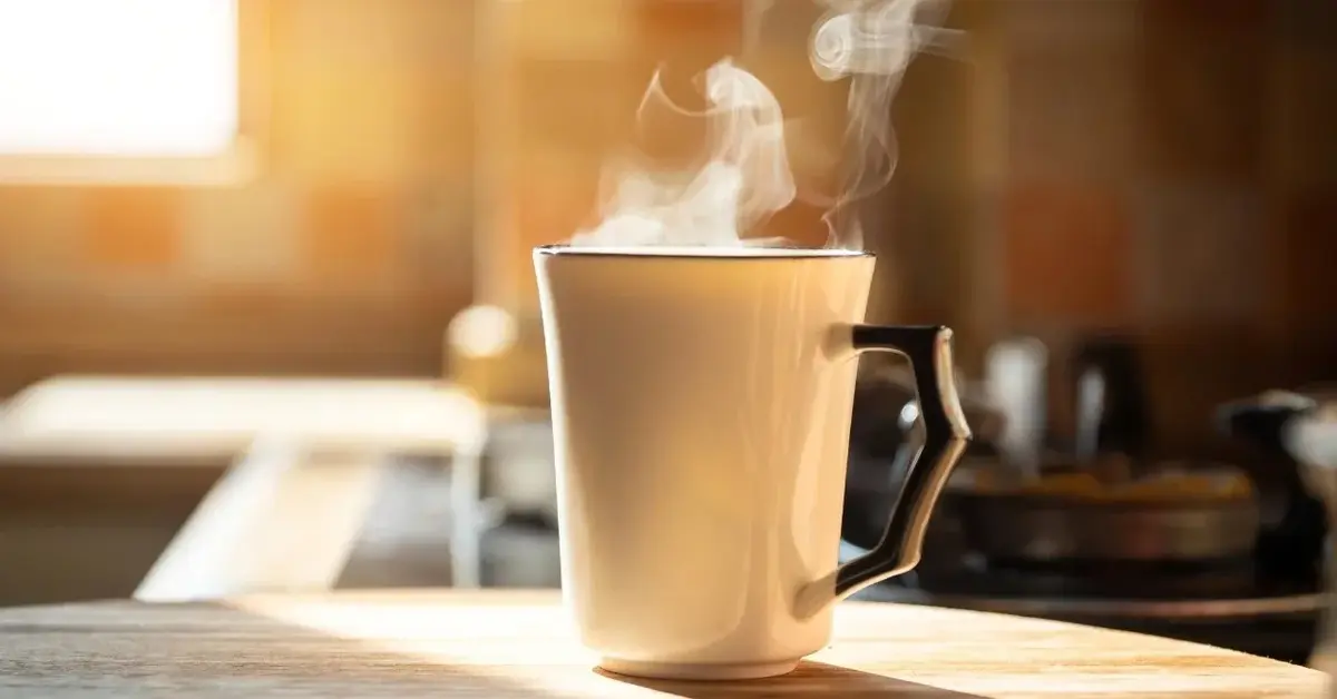 Biały kubek z czarnym uchem. Nad naczyniem unosi się para z gorącej kawy.