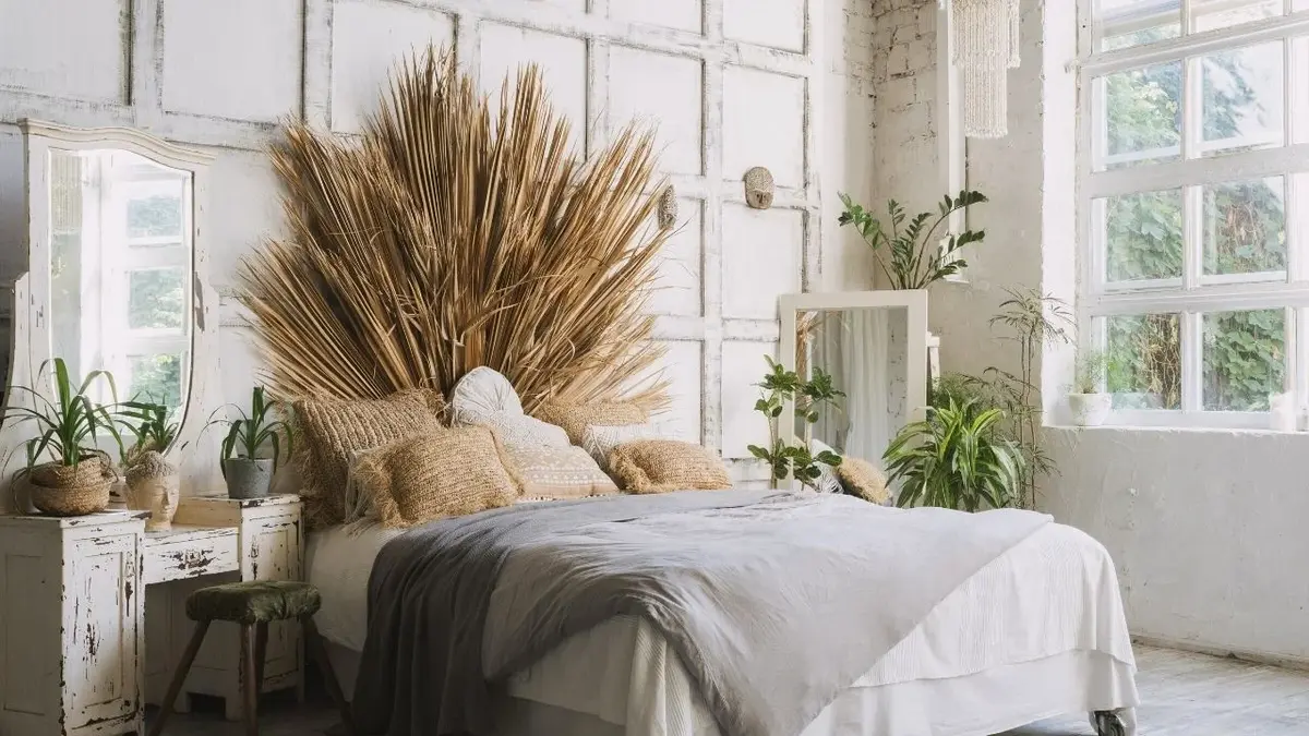 Sypialnia boho natural z wezgłowiem ozdobionym pękiem traw