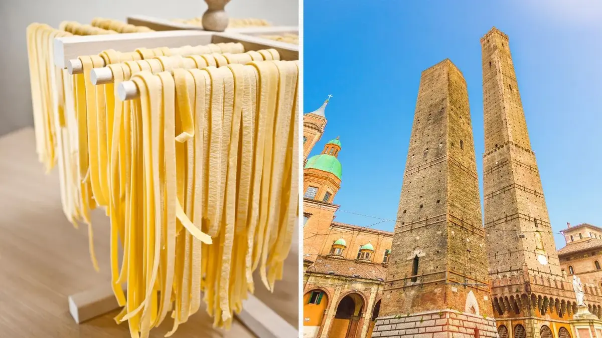 Wstążki makaronu tagliatelle oraz słynne krzywe wieże z Bolonii