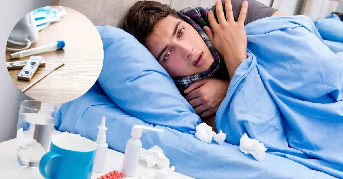 Mężczyzna jest chory. Widać testy na grypę, COVID-19 i RSV.