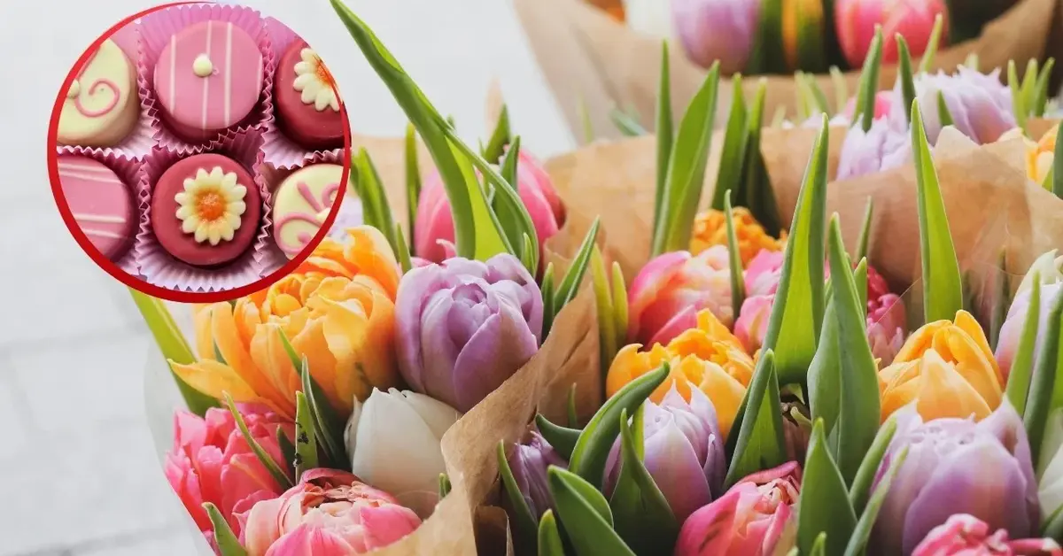 Bukiety tulipanów i biało-różowe czekoladki na imieniny Bożeny.