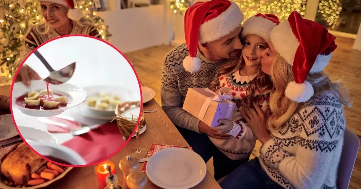 Szczęśliwa rodzina w Święta i wigilijny czerwony barszcz.