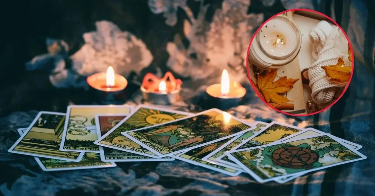 Karty do tarota i świeczki, jako dekoracje na andrzejki.