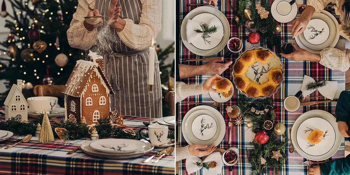 Kolaż 2 zdjęć ze świątecznymi dekoracjami stołu i mieszkania, z zastawą stołową, domkiem z piernika, ubraną choinką