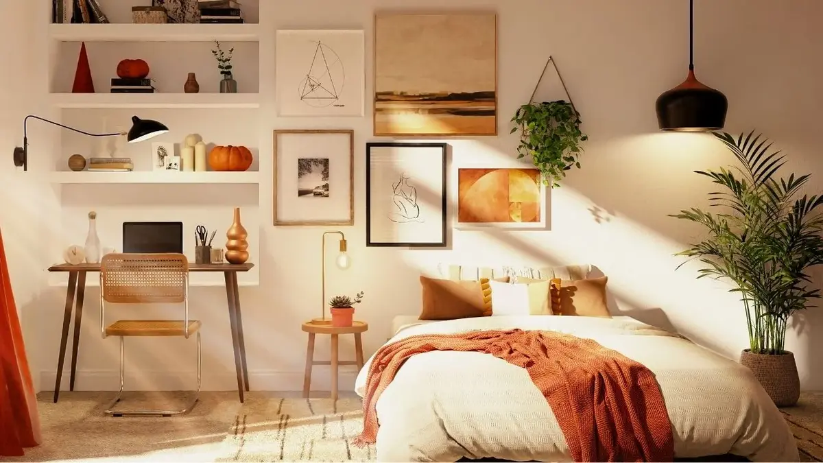 Dekoracje w sypialni - ściana nad łóżkiem z obrazkami