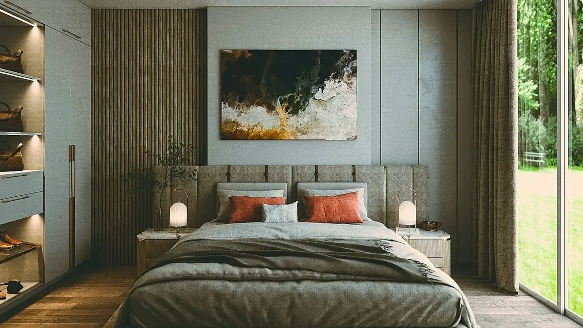 Dekoracje w sypialni - ściana nad łóżkiem z drewnianymi panelami