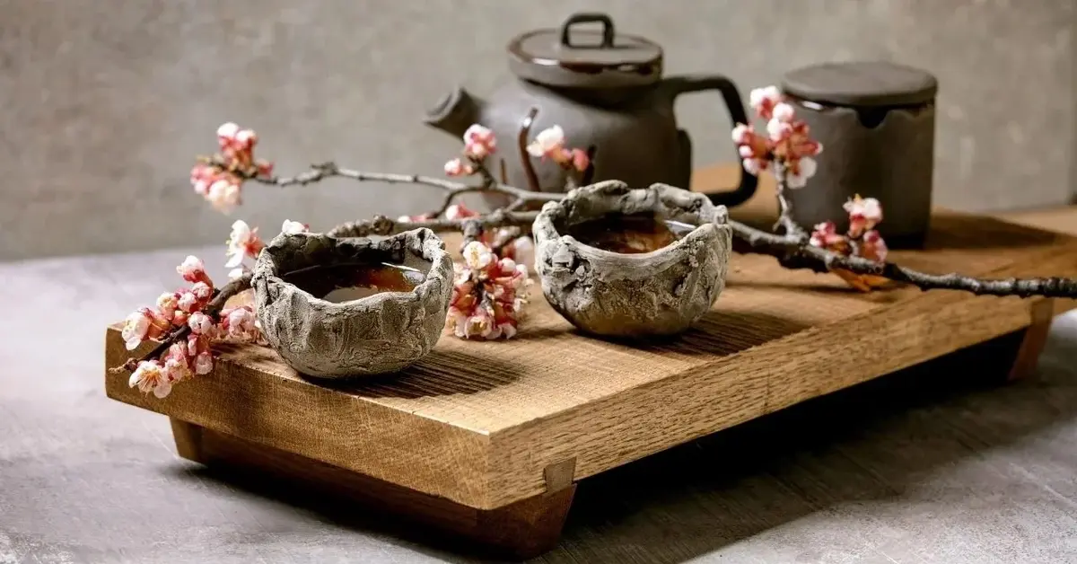 Dwie szare, ceramiczne czarki wabi-sabi na herbatę, na tacy z surowego drewna, ozdobionej gałązką kwitnącej wiśni