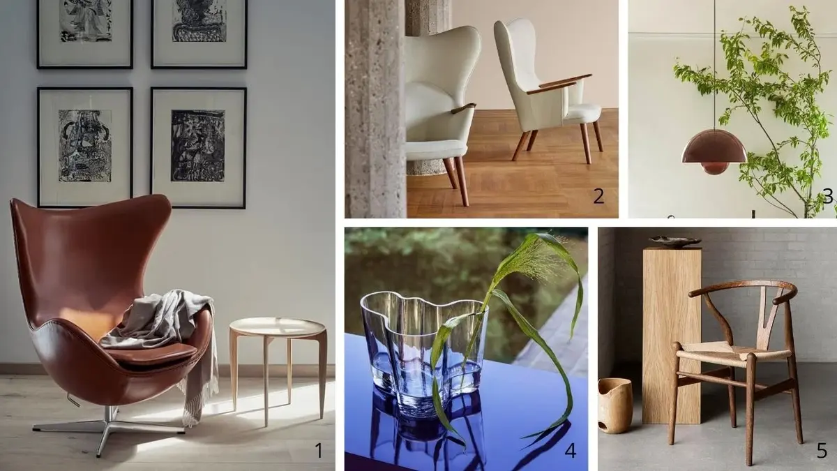 Egg chair (Jacobsen), fotel Mama bear i krzesło Wishbone (Wegner), wazon-kałuża (Aalto), lampa Flowerpot (Panton)
